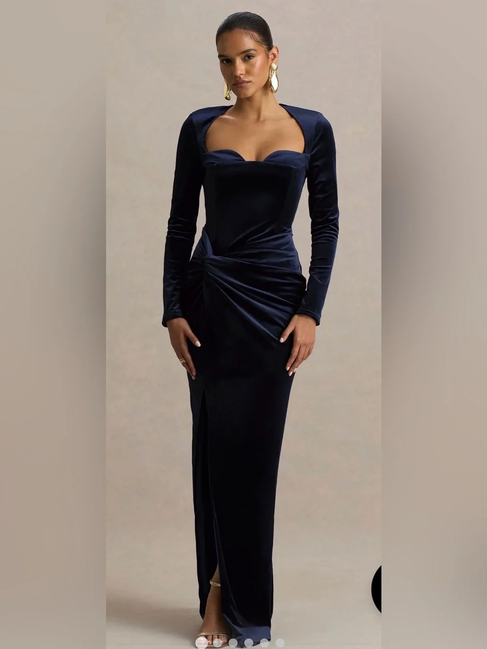 Club L Fay Navy Velvet Corset Style Knot Long-Sleeve Ruched Evening Dress Formal